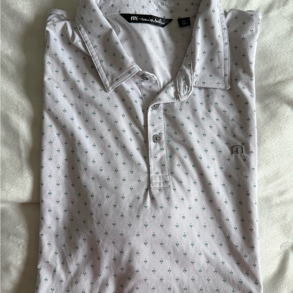Travis Mathew White and Green Polo Shirt with Subtle Pattern